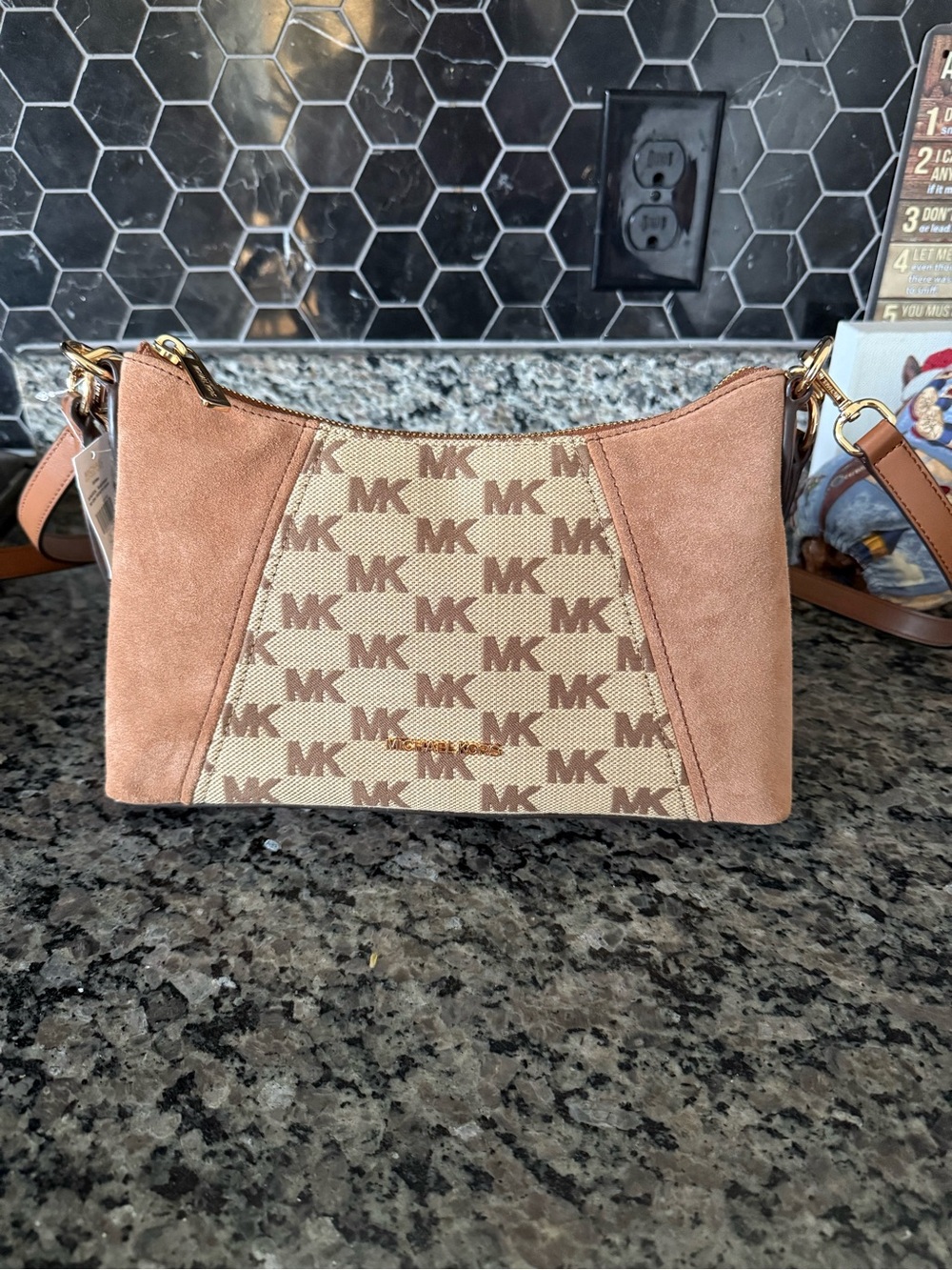 Michael Kors Tan Pink Suede MK Logo Crossbody